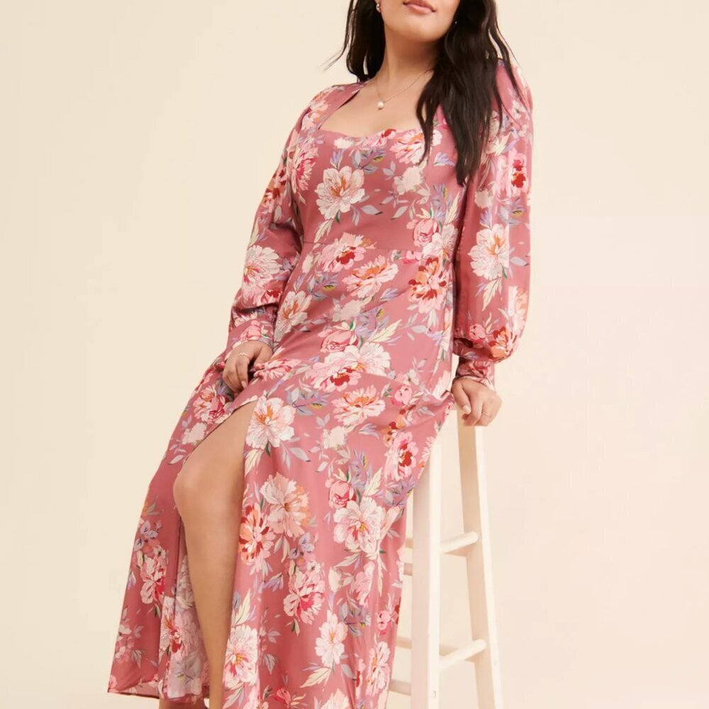 Yumi Kim Marlo Maxi Dress Long Sleeve Square Neck Floral Rose Pink Plus Size 3X